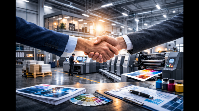 Geschäftlicher Handschlag vor Druckmaschinen – RoyerComm Prism übernimmt Brilliant Graphics